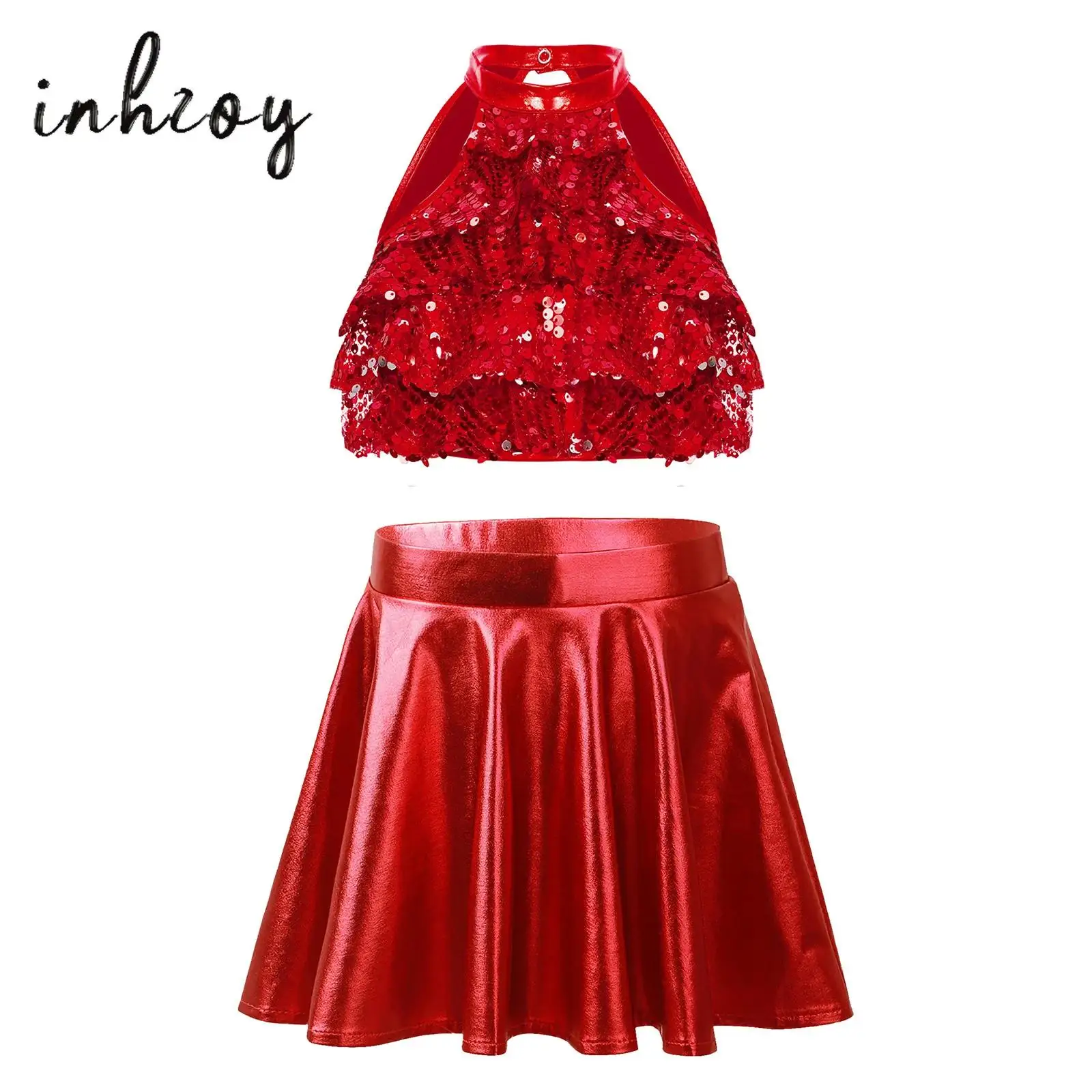 

Kids Girls Jazz Dance Outfit Sleeveless Mock Neck Shiny Sequins Tiered Crop Top+Metallic Ruffled Skirt Ballet Dance Performance