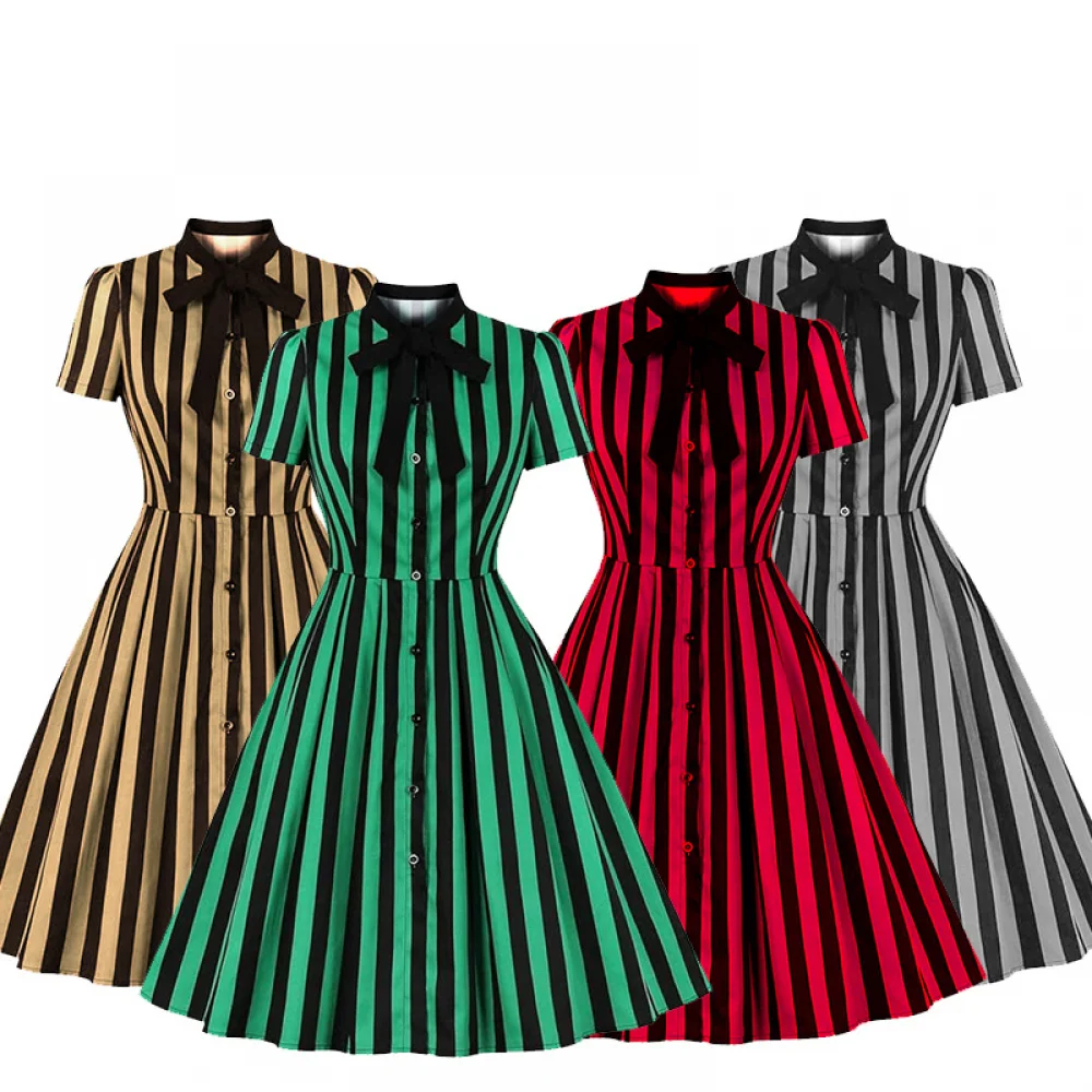 Gaun bergaris 1950-s wanita untuk gaun Retro hitam dan putih gaun motif garis cetak dasi depan Rockabilly kostum Halloween
