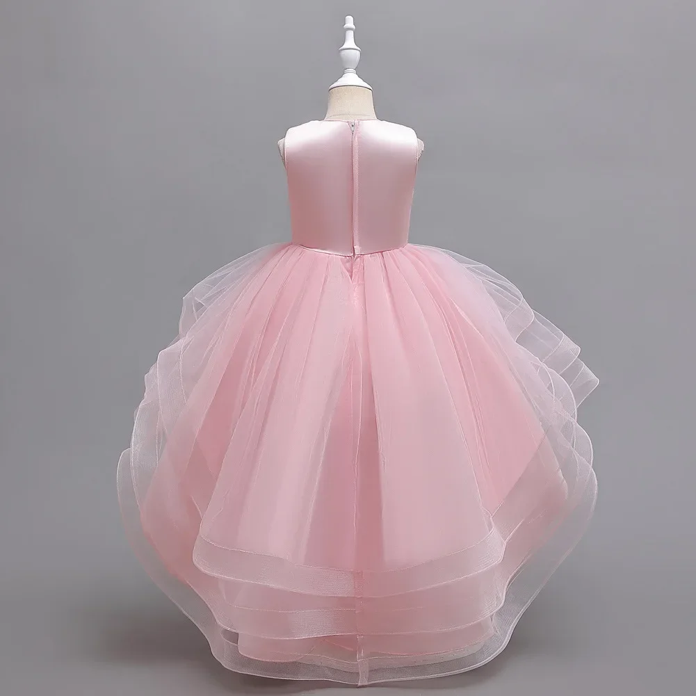 Long Tail Kids Elegant Dresses Girls Tulle Layered Sequins Wedding Fluffy First Communion Prom Gown Child Evening Party Costume