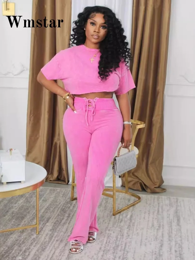 

Wmstar Two Piece Outfits for Women Pants Sets Casual Tie Dye Short Sleeve Round Neck Top with Straps Wide Leg Matching Suit