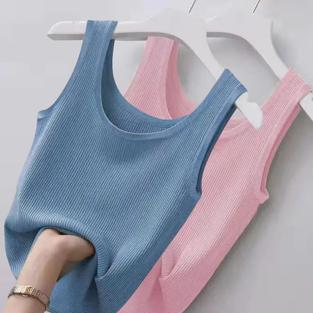 Frauen Sommer schlanke Crop Tops lässig ärmellose gerippte Fitness-Tanktops koreanische stilvolle einfarbige Unterhemd Leibchen plus Größe