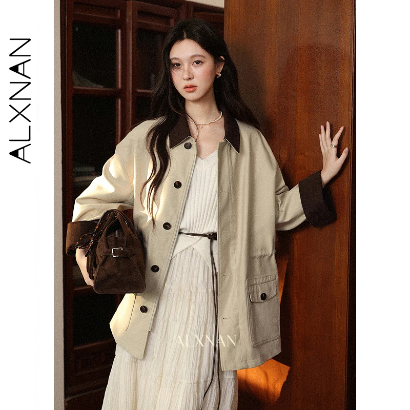 ALXNAN カーキトレンチコート女性ブロックカラーカジュアルルーズフィットウインドブレーカー 2025 秋冬ミッドレングストレンチコート女性 L57723