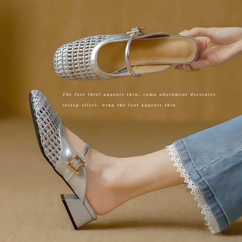 Damen-Mule-Sandalen mit Mesh-Ausschnitt und geschlossener Zehenpartie |   Sommer 2026 Mittelhohe Absätze Atmungsaktive Slip-On-Sandalen mit Geflochtenen Riemen