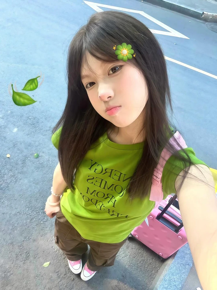 American Style Dopaamine Green Short Sleeve T-Shirt Women Summer Letter Print Slimming Versatile Hot Girl Top round Neck Pull...