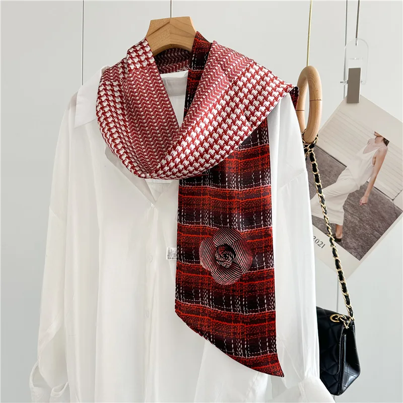 Vintage Print 100% Silk Neckerchief Necktie Womens Elegant Neck Head Hair Scarfs Double Layer 150x16cm