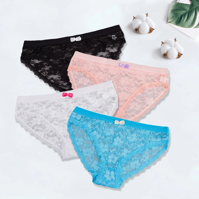 Women Briefs Sexy Transparen Lace Panty kawaii Pink Cotton Female Underwear Modis Bikini Lingerie Porno 3pcs/lot