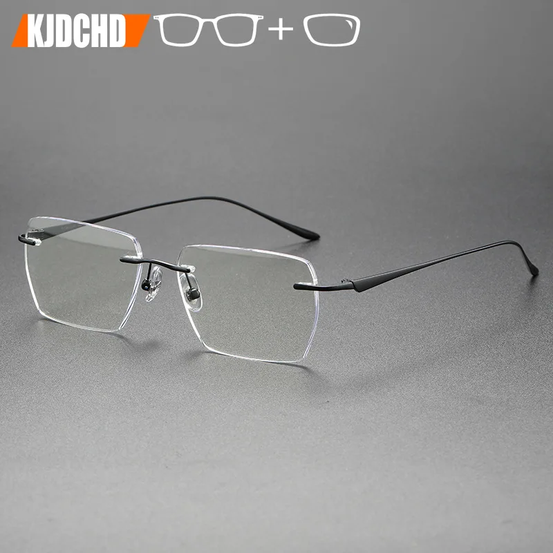 KJDCHD Men's Pure Titanium Optical Prescription Rimless Glasses Anti-Blue Light Photochromic Recipe Formula Eyeglasses Women