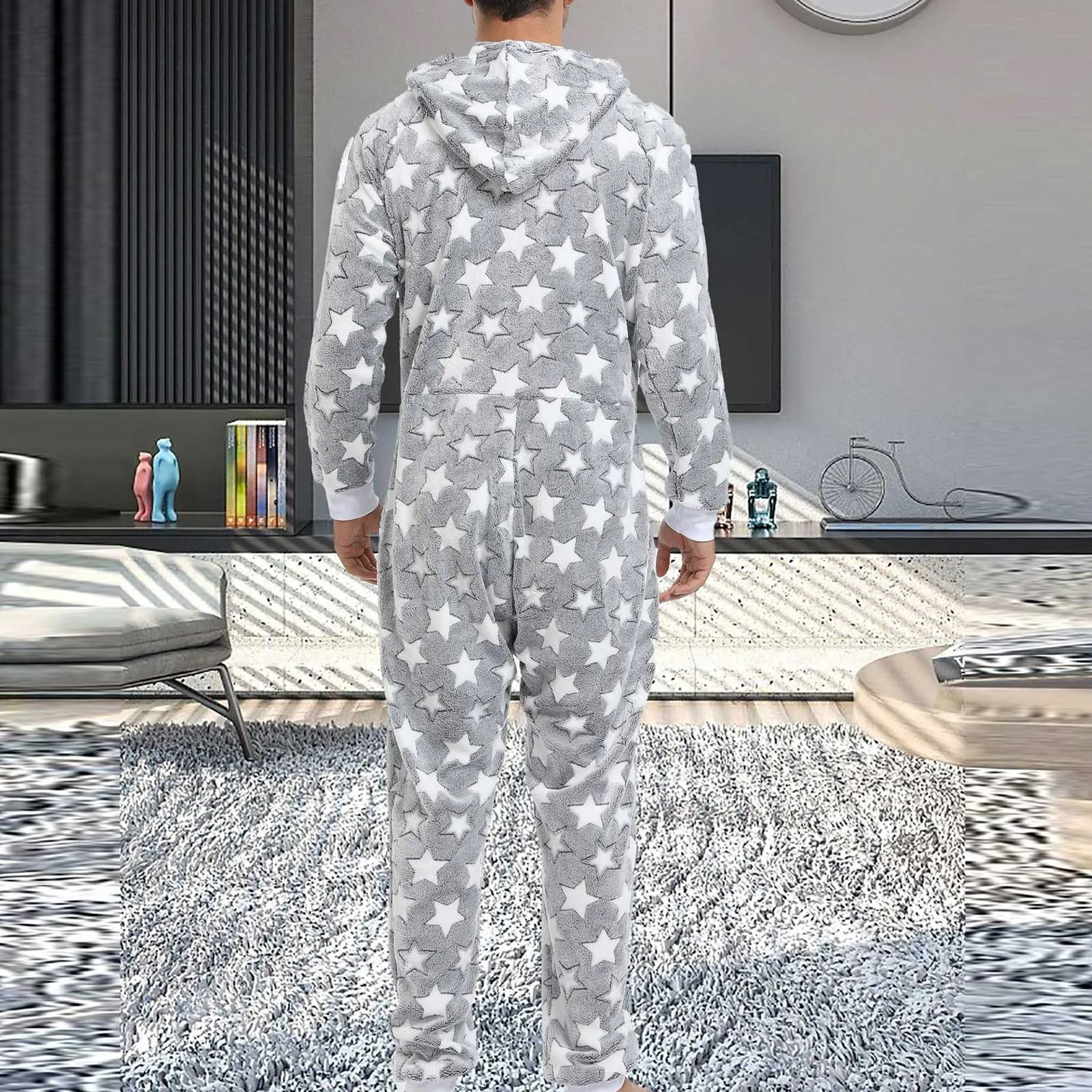 Male Autumn Winter Printed Loose Long Sleeved Warm Pajamas Home Clothes With Pockets Casual Pants for Men Jumpsuit Sleepwear