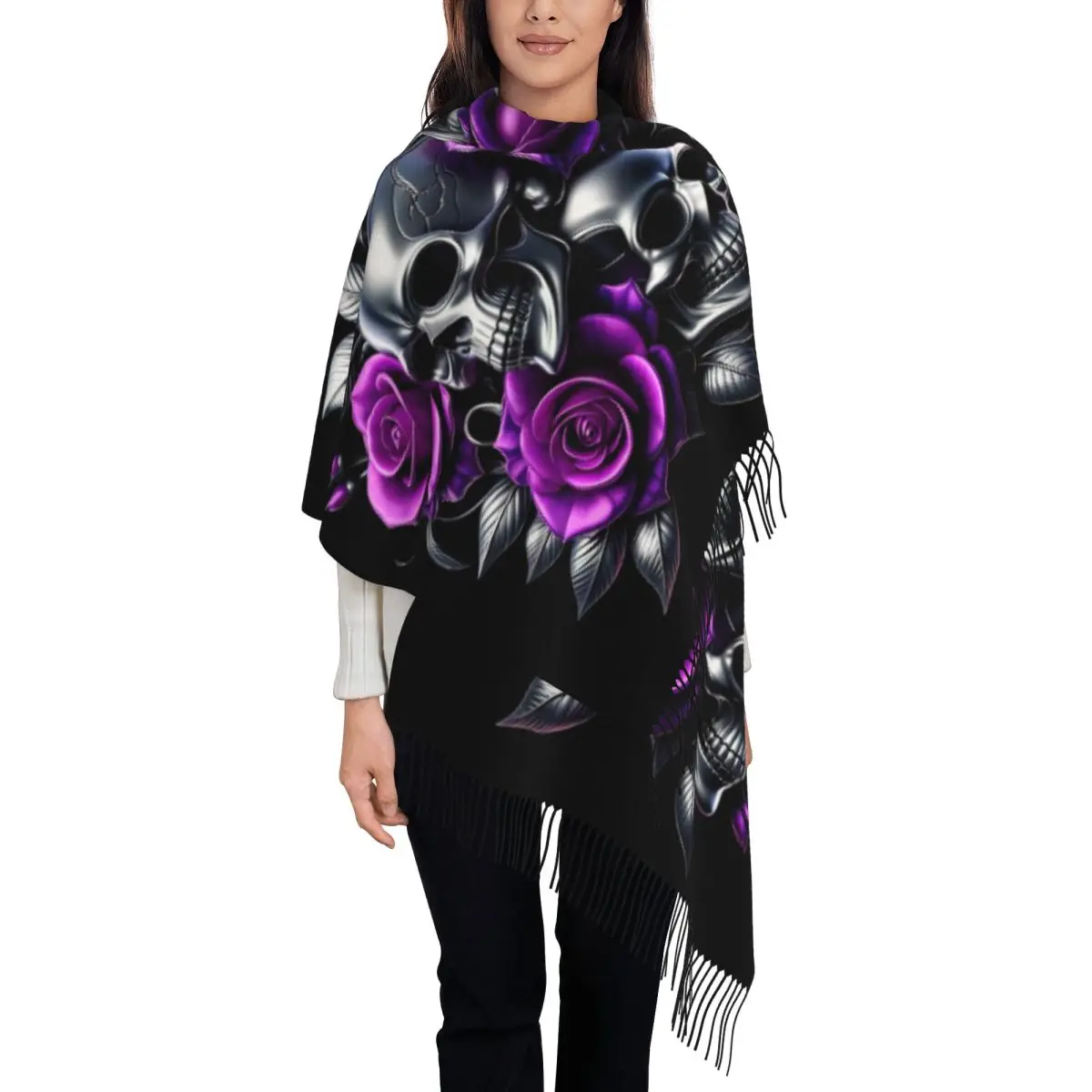 Custom Skull And Roses Tassel Scarf Women Soft Shawl Wrap Ladies Winter Fall Scarves