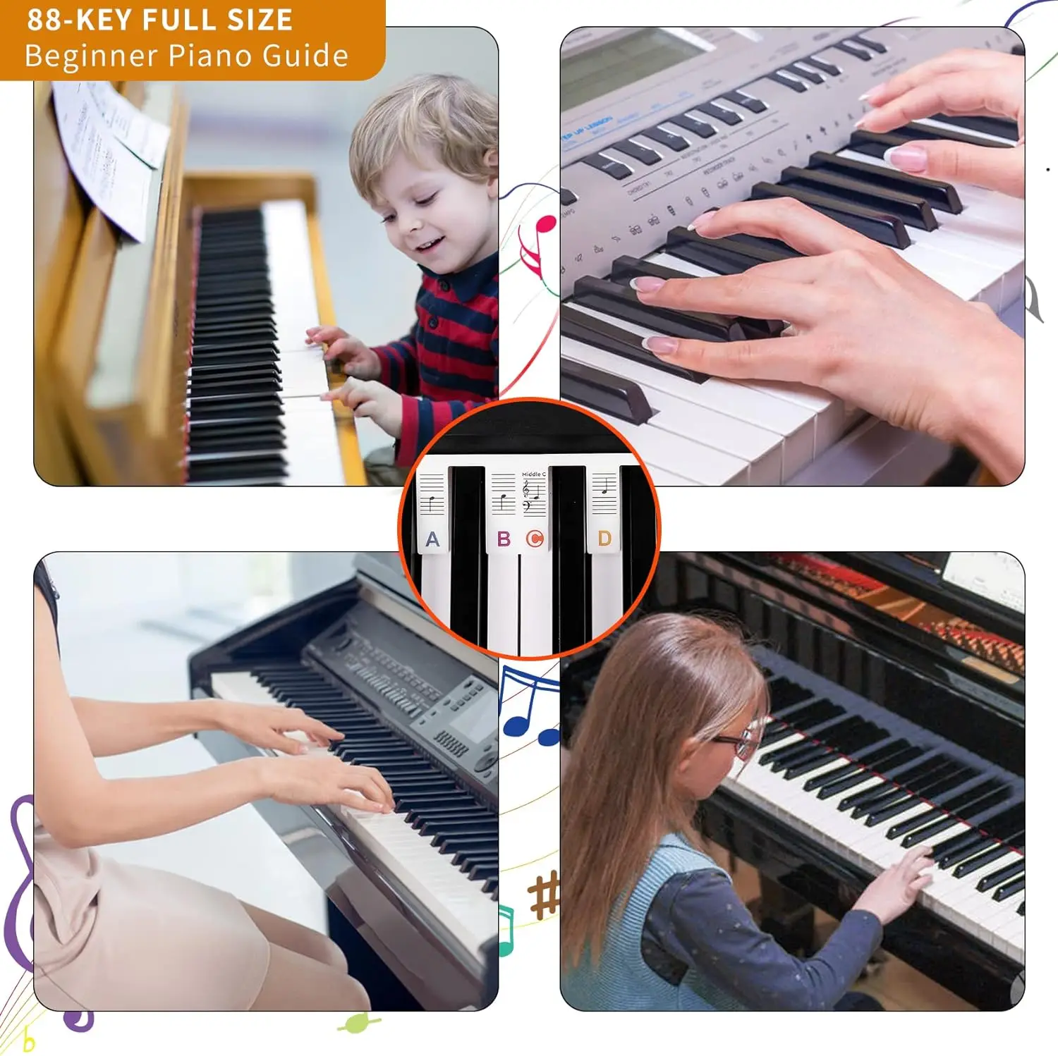 Piano Notes Guide for Beginner Removable Piano Keyboard Note Labels for Learning 61 Full Size/88 Keys Piano Keyboard