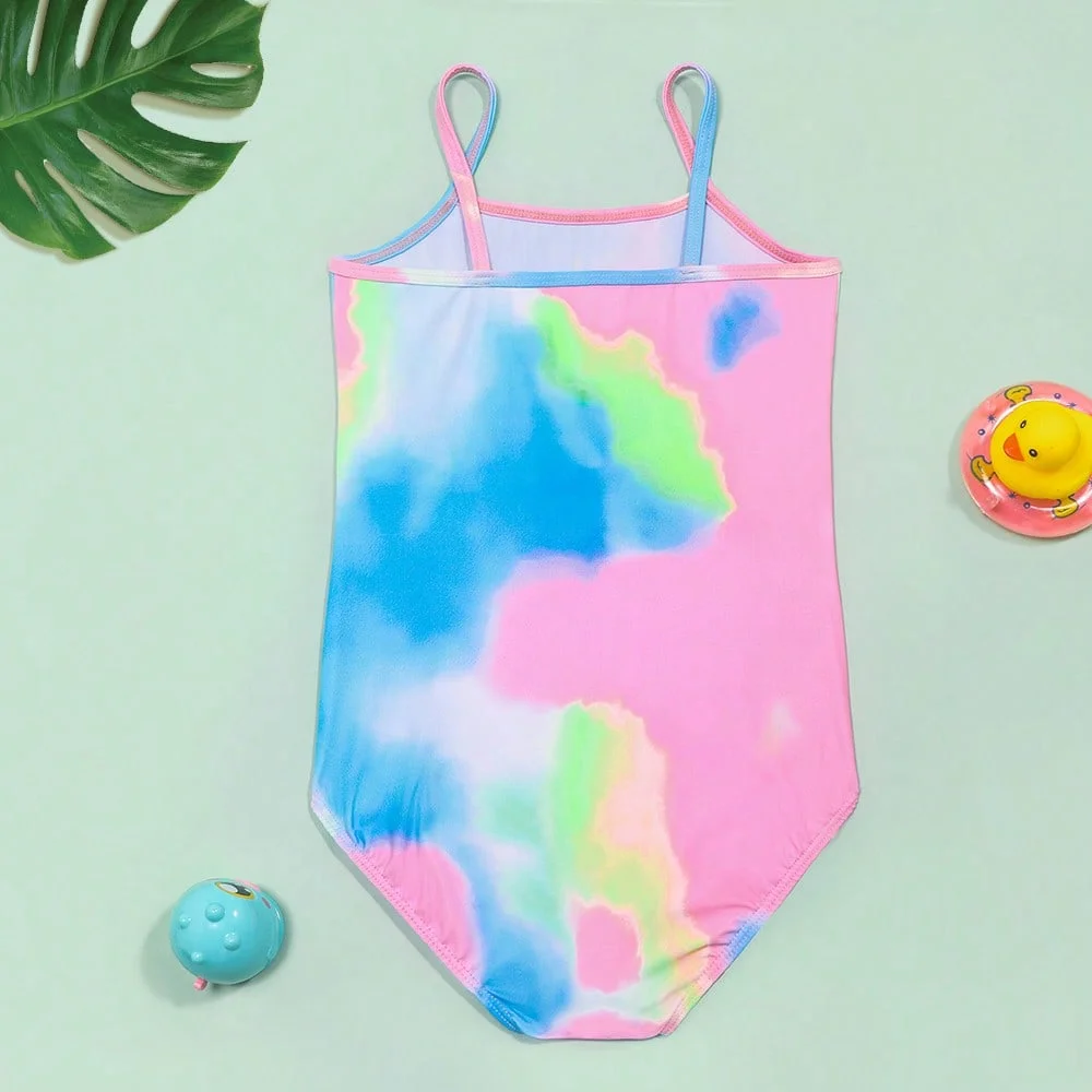 1pc Summer Girls Rainbow Tie Dye Unicorn One Piece Swimsuit, Glitter Horn Floral Print Thin Strap Bathing Suit, Dreamy Beach Out