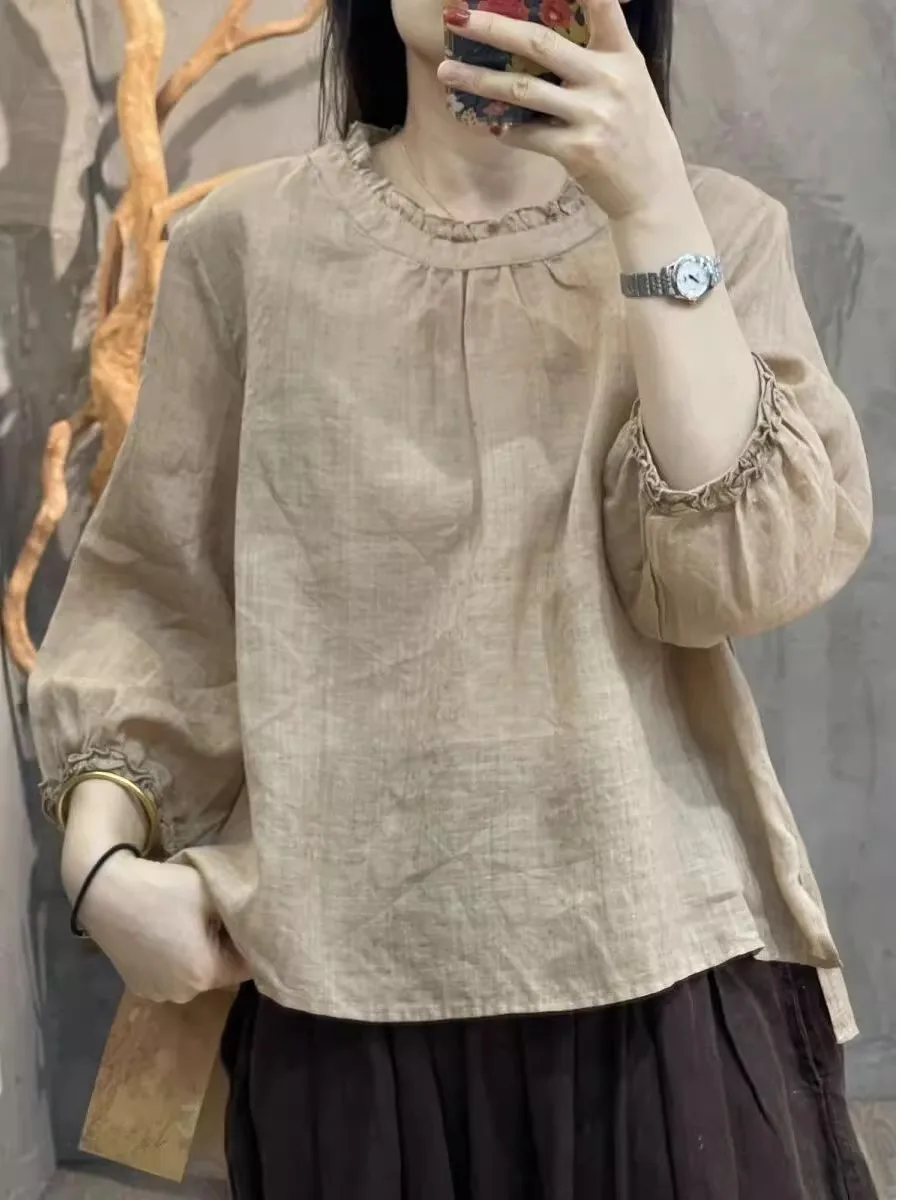 Leinen irt Damen Loose Fit Seven-Vierter Sve Floral Spitzenkragen Casual Top Korean Sle Commute Faion Pure Color