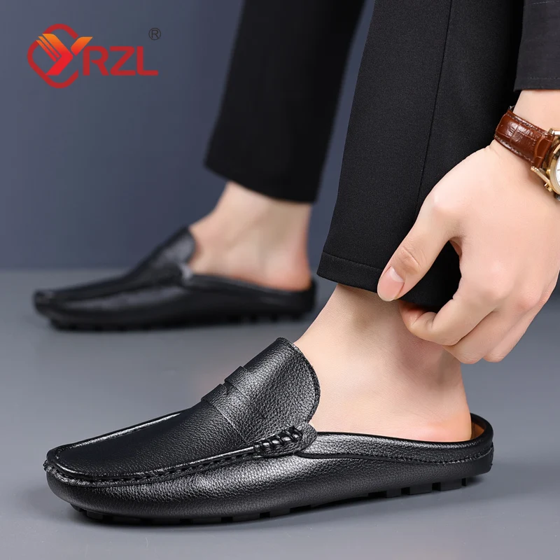 YRZL Loafers Summer Slip on Half Shoes for Men Leather Slippers Casual Breathable Comfy Loafers Moccasins Brown Black Beige