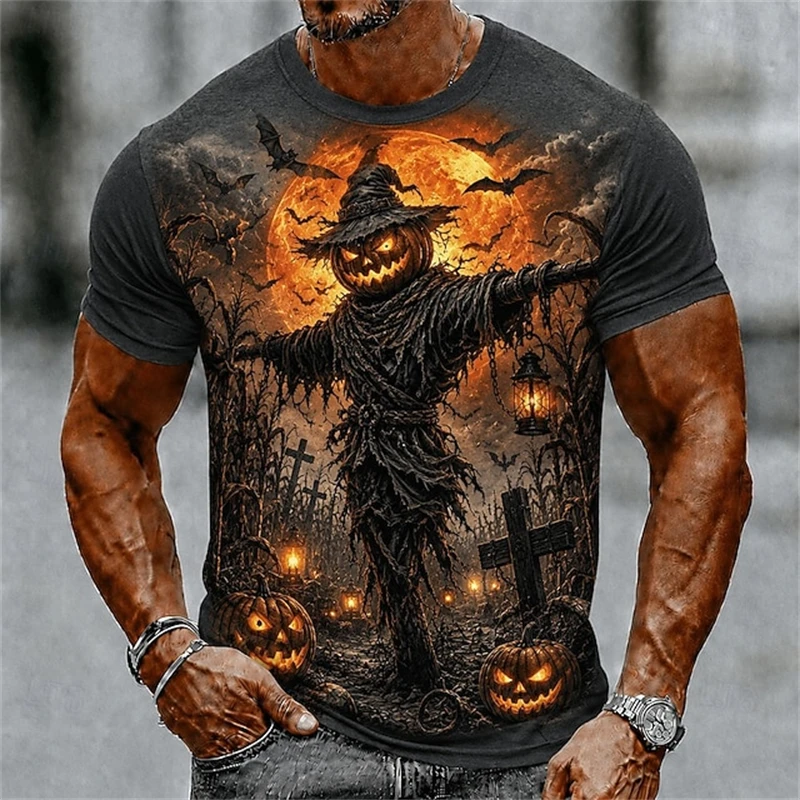Men's Summer Crew-Neck Short-Sleeve T-Shirt Orange Pumpkin Scarecrow Raven Full Moon Halloween Horror-Themed Short-Sleeve Top