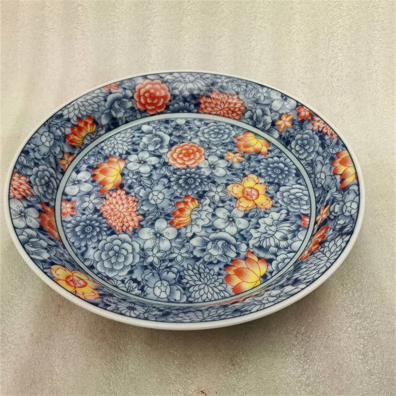 Chinese Old Porcelain Shallow Dish Blue White Glazed Red Flower Pattern Traditional Decorative Kitchenware for Serving Food