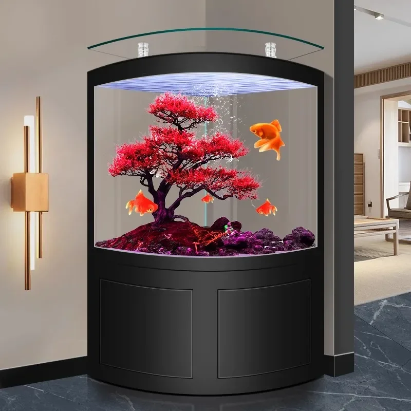 

Triangular fan fish tank living room by corner bottom filter floor corner curved glass large aquarium