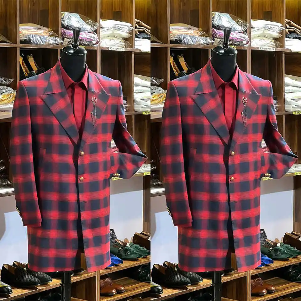 

Plaid Men's Wedding Long Blazer Peaked Lapel Single Breasted Jacket Tuxedos Business Party Wear Only Long Coat Customized