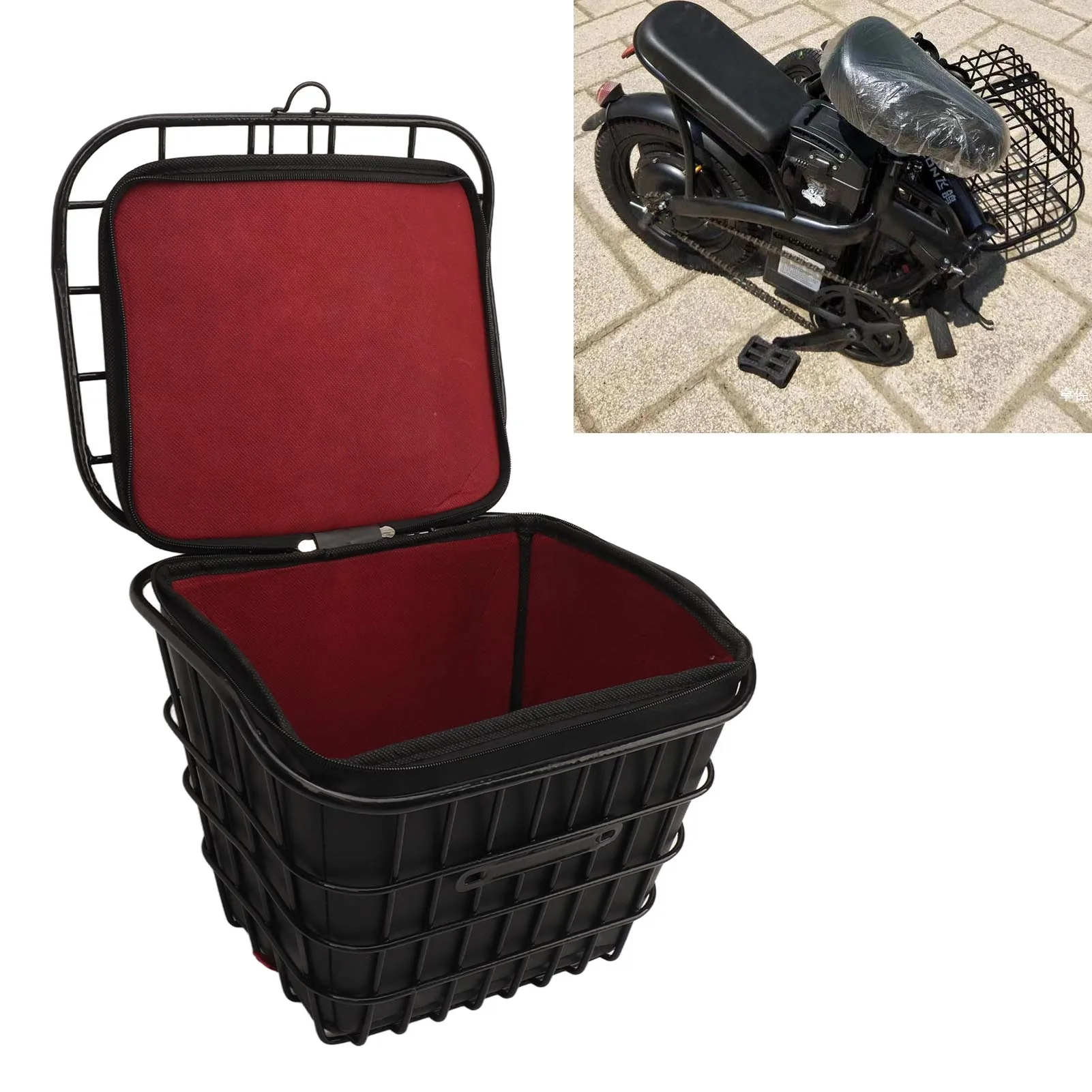 

Folding Electric Bike Basket Metal Bike Front Basket Universal Hanging Bicycle Basket with Waterproof Inner Bag