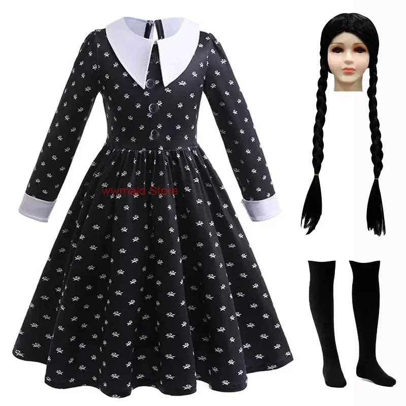 

Wednesday Addams Costume For Girls Halloween Costumes Dress Wig and Socks Girls Black Horror Costume