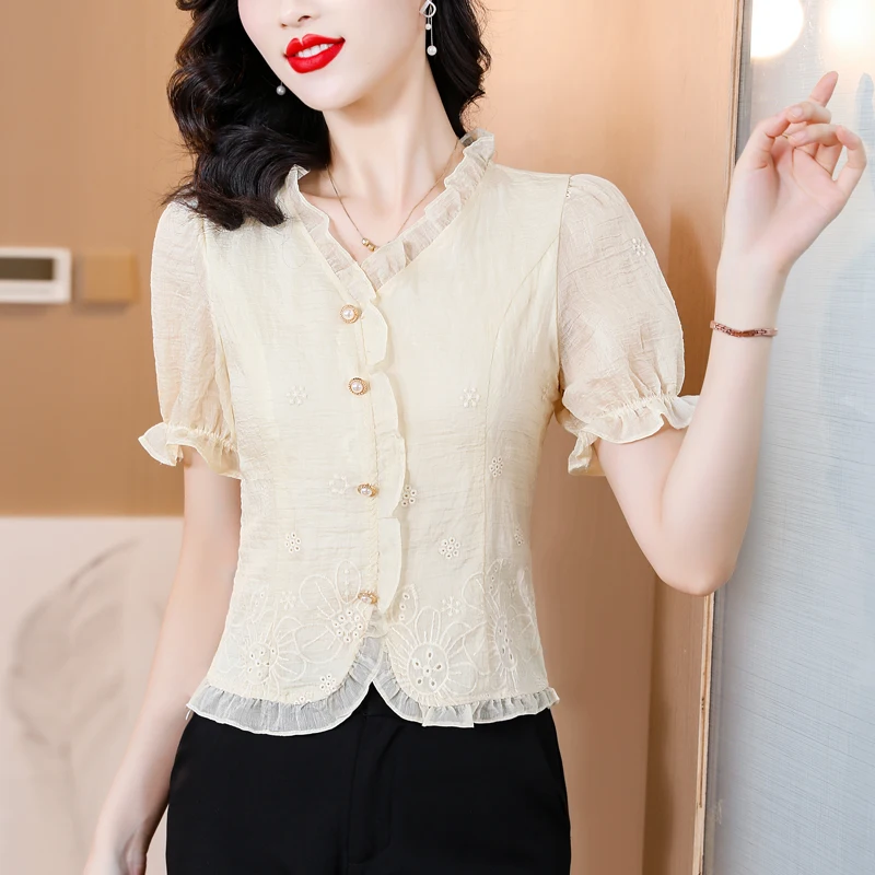 

2025 Summer New Sweet Blouse Women V-neck Lace Splicing Short Sleeve Shirt Slim Breasted Shirt for Women Elegant Female Clothing