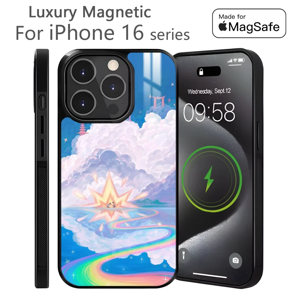 Anime Pink Clouds Rainbow Phone Case For IPhone 16 15 14 13 12 11 Pro Max Plus Mini Magnetic Magsafe Wireless Charging Cover