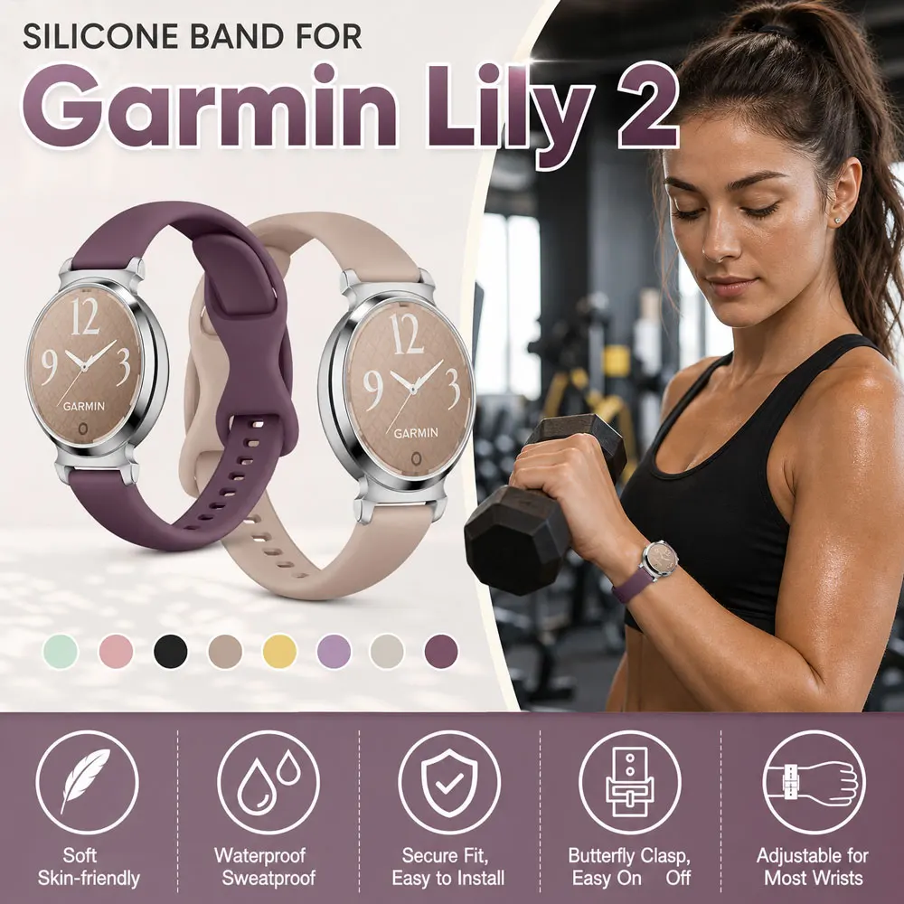 Silikonarmband für Garmin Lily 2, atmungsaktiv, bequem, Sportarmband als Ersatz für Outdoor-Sportarten, passend für Garmin Lily 2.