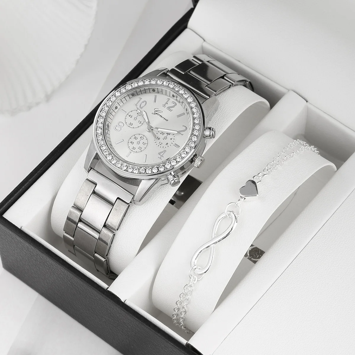 1pc Rhinestone Women's Alloy Steel Strap Quartz Watch + 1pc Bracelet Fancy Women Watches Jewelry Sophisticated And Stylish