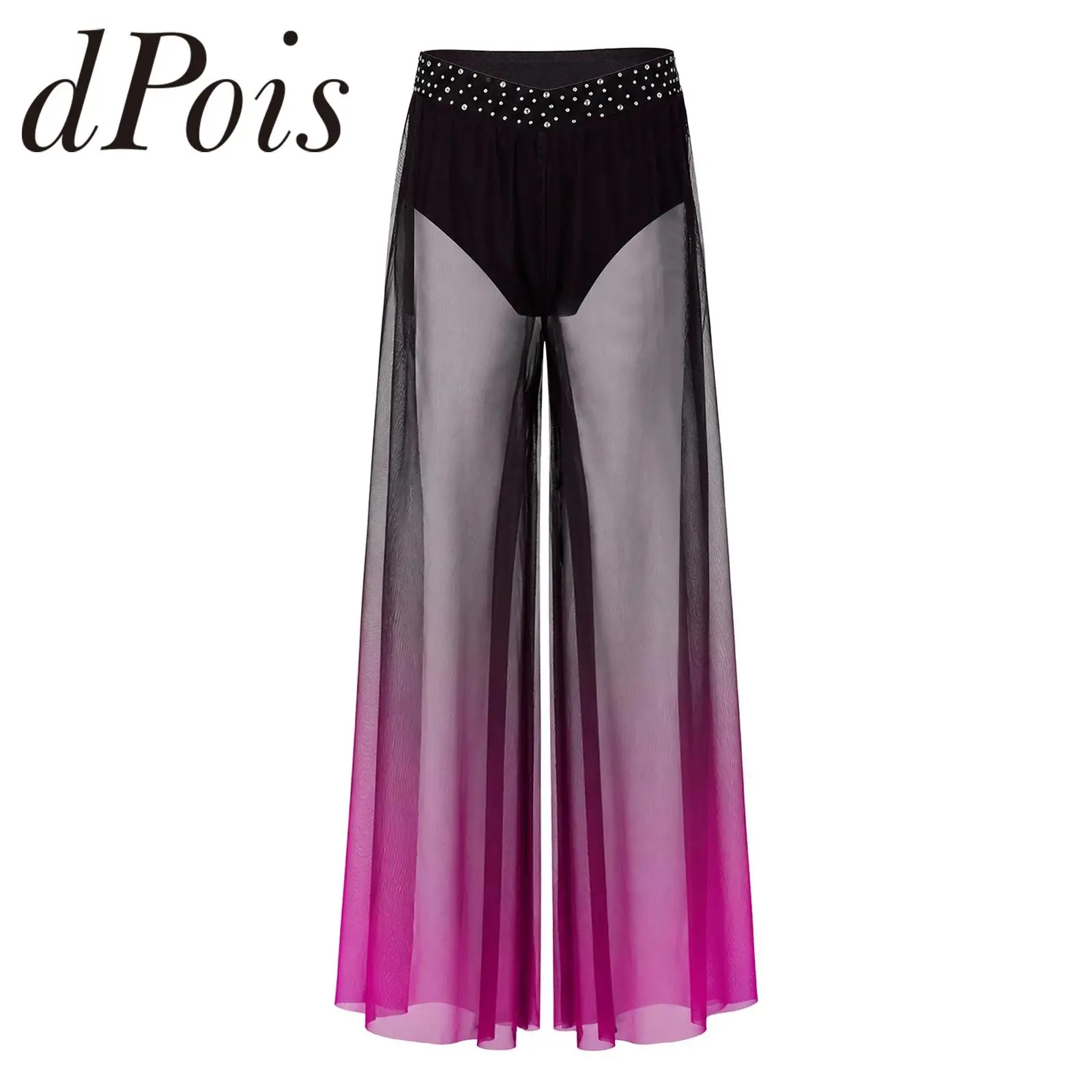 Kids Girls Lyrical Dance Costume Pants V-front Shiny Rhinestone Modern Dancewear Side Slit Wide-leg Gradient Color Mesh Pants