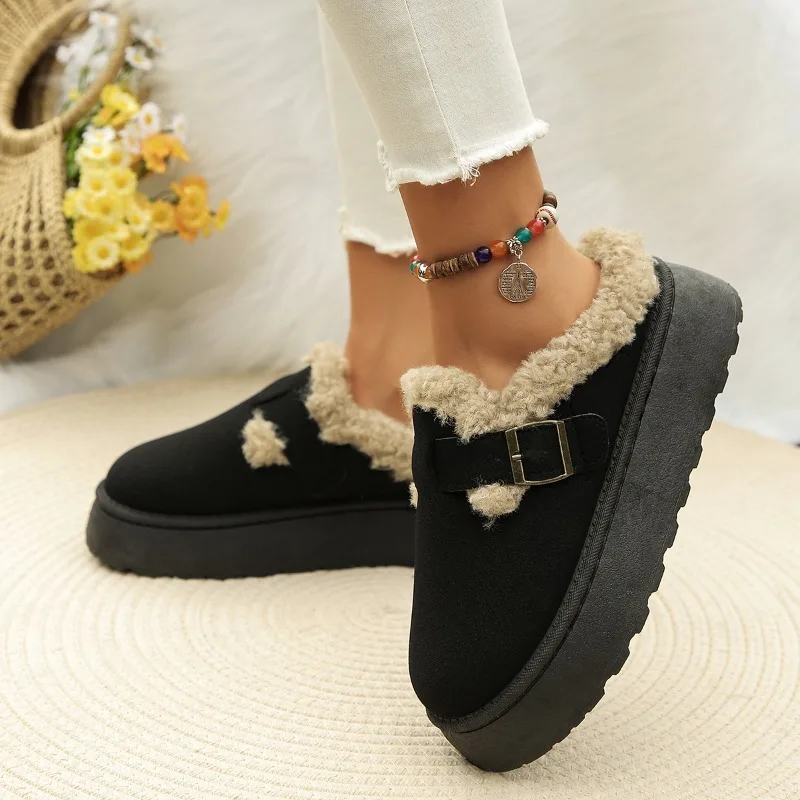 2024Fashion Plush Flat Shoes Women Suede Round Toe Solid Color Women Snow Boots Warm Flat Non-slip Women Ankle Boots Botas Mujer