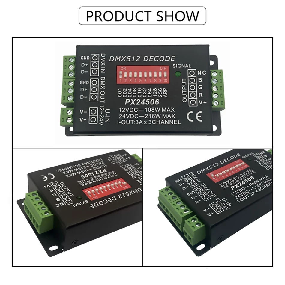 DMX 512 Decoder LED DMX512 Controller Dimmer PX24506 DC 12V 24V 9A for DMX512/1990 Signal to PWM RGB LED Strip Light Module Lamp