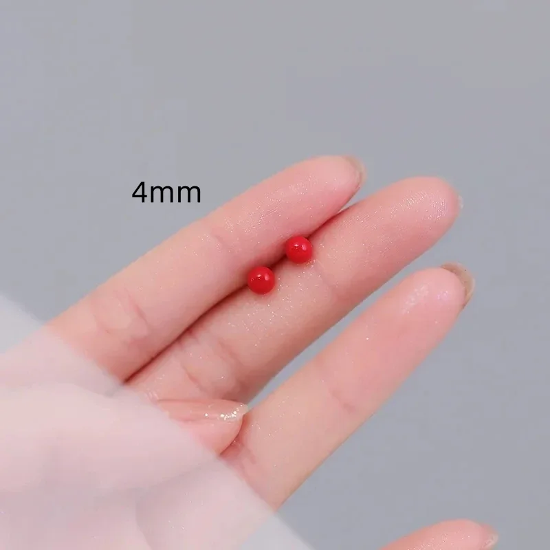 4mm 6mm 8mm 3Pairs/Lot Red Color Round Imitation Pearl Stud Earring for Women Romantic Temperament Jewelry Accessories Gift