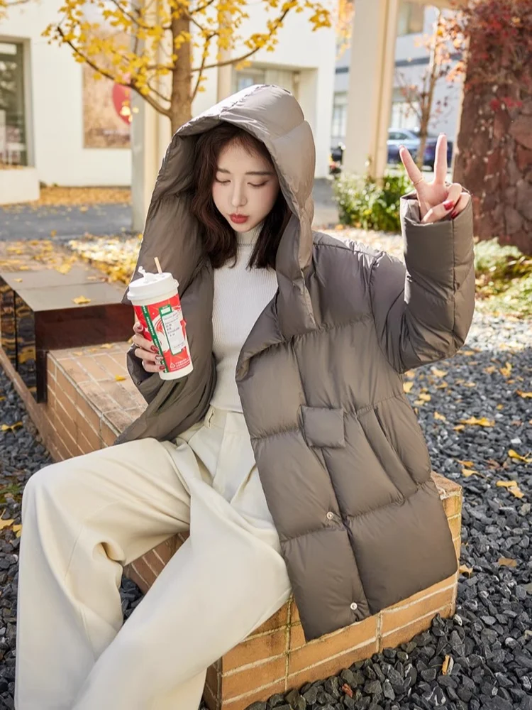 Winter Women\'s Jackets 2024 Thick Warm Loose Fashion 90% White Duck Down Puffer Jacket Hooded Casual Puffy Mid-Length Down Coat