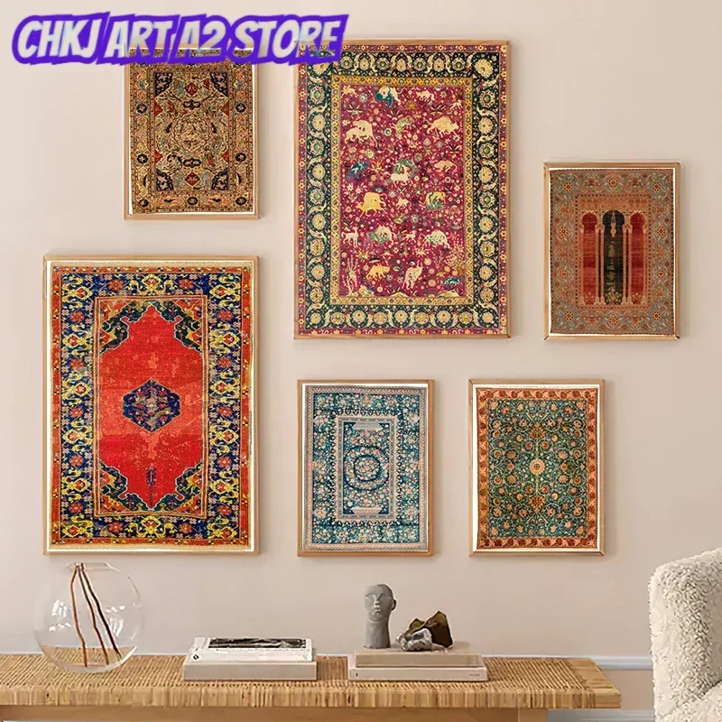 Medieval Oriental Persian Carpet Canvas Art Prints Abstract Posters Vintage Renaissance Rug Painting Wall Pictures Home Decor