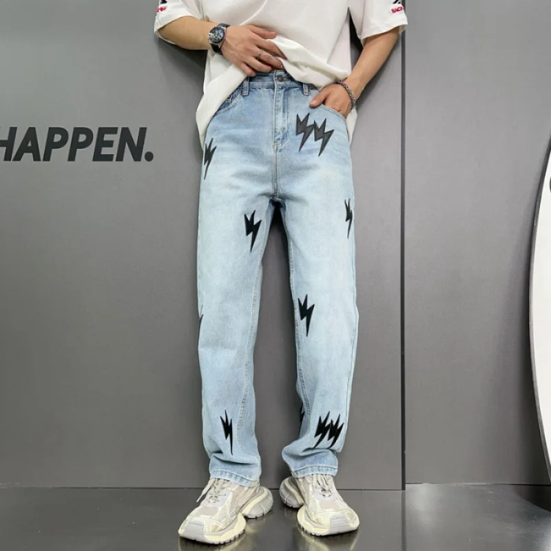 

Washed American Lightning Printed Jeans Men's Loose Street plus Size Hip Hop Trend Korean StyleinsMop trousers