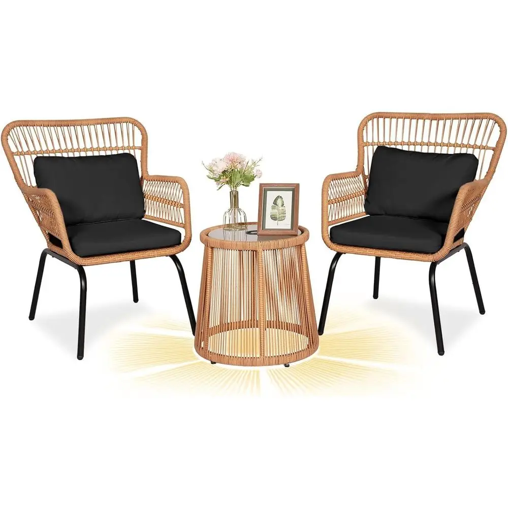 

Черный комплект садовой мебели из 3 предметов: плетеные стулья и стол из ротанга для патио, балкона или зоны у бассейна