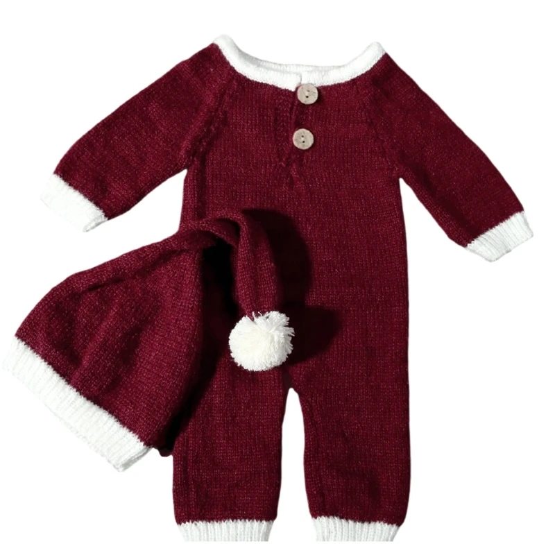 Newborn Photography Props Christmas Outfit Hat Jumpsuit Set Baby Photo Romper Infant Holiday Outfit Photoshooting Wear