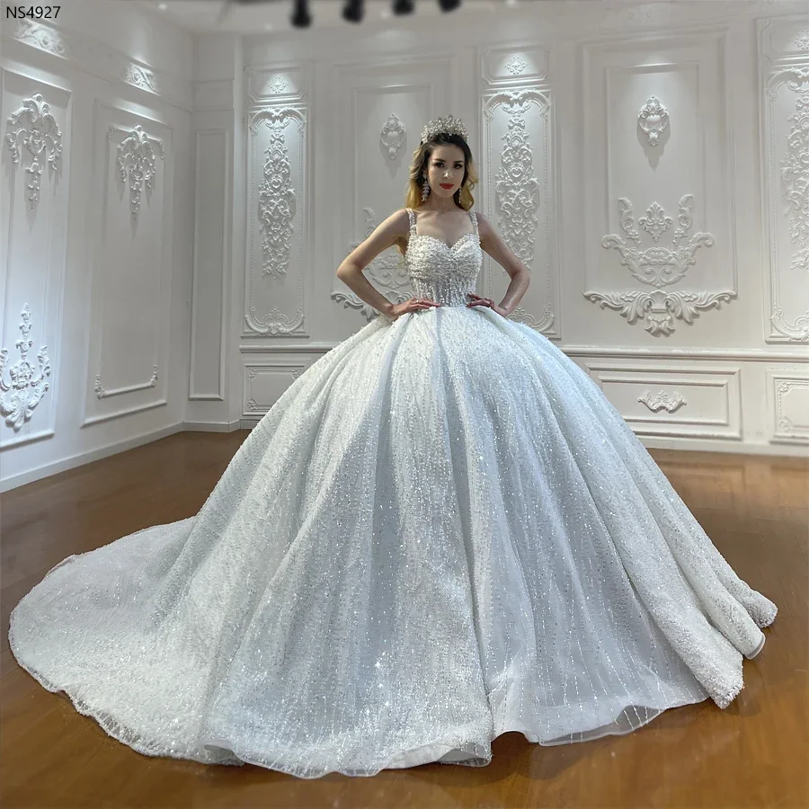 Customized Straps Ball Gown Pearls Beading Princess Wedding Dress