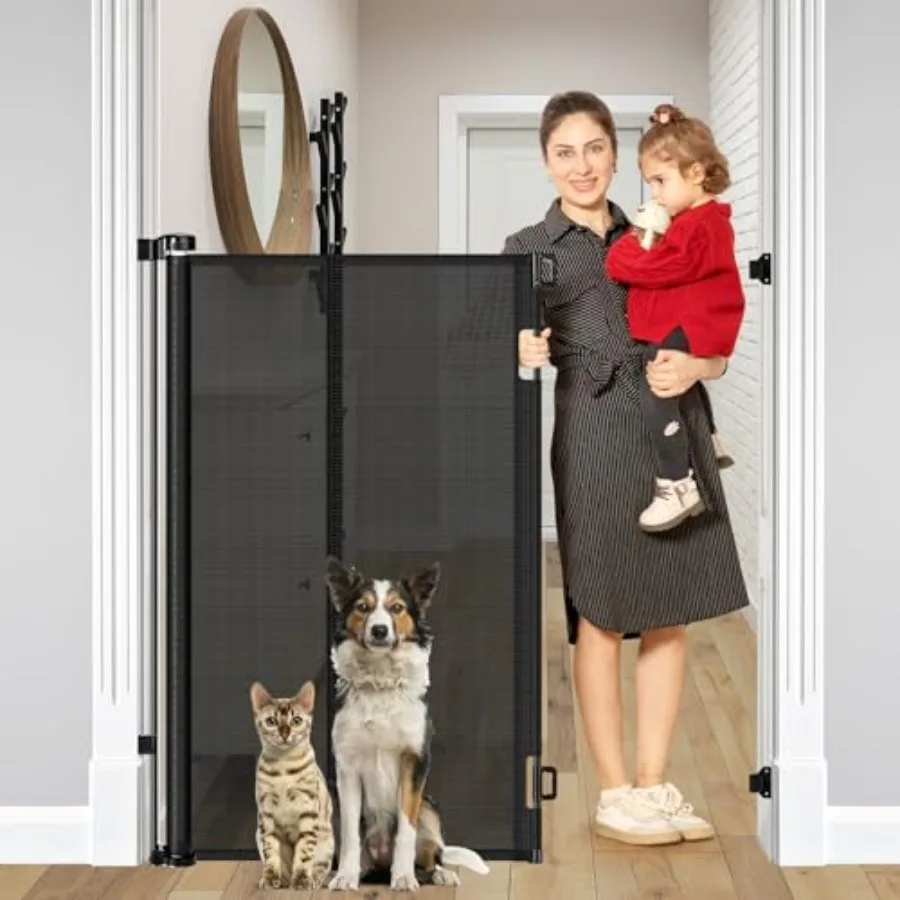 

Reinforced 48" Extra Tall Pet Gate with Support Rods 4 Ft Tall Retractable Baby Gates for Doorways 55" Wide Mesh Dog Gate Indoo