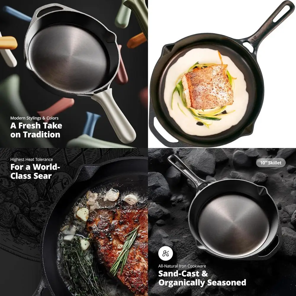 

10-Inch Milled Smooth Cast Iron Skillet - Organic Pre-Seasoned with Flaxseed Oil, Long Handle & Dual Pour Spouts for Precise Con