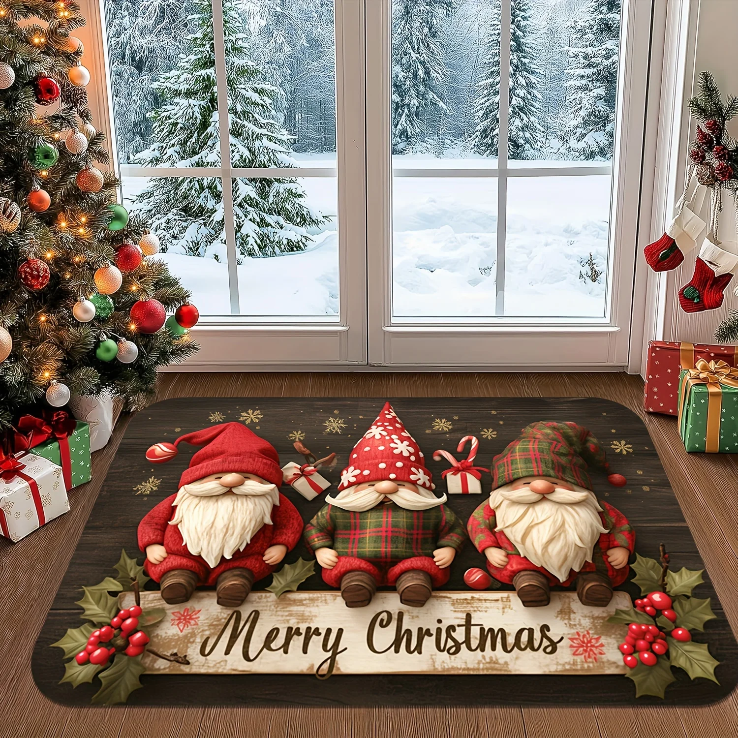 Christmas Gnome Checkered Doormat, Plush Machine  Rug, Holly Berry Design for Front Door, Living Room, Kitchen, Festive Decor