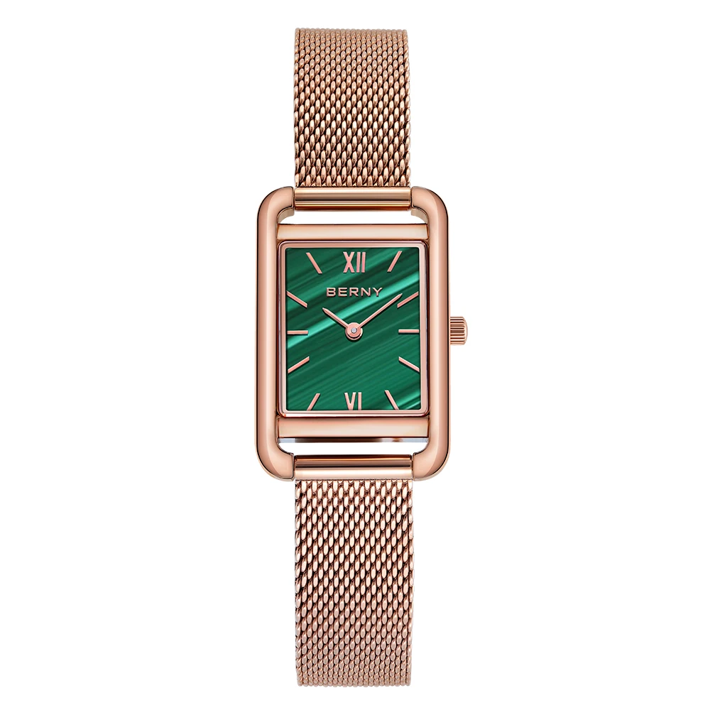 BERNY MIYOTA 5Y20 Women Watch 3ATM Waterpoof Square Sapphire Quartz Wristwatch Ladies Stainless Steel Bracelet Rose Gold Watch