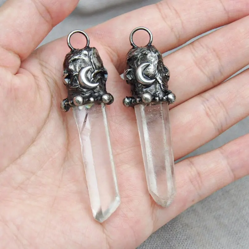

HAYAROMA Boho Witch Vintage Handmade Soldered Pendant Crescent Star Moon Shape Free Form Clear Crystal