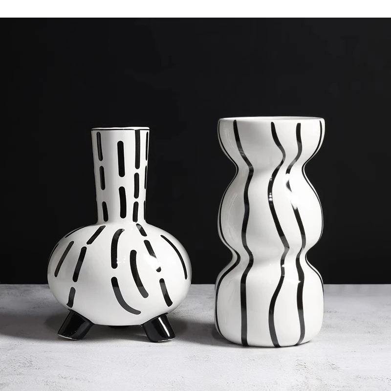 Black and White Striped Ceramic Vase Tabletop Flower Ware Ornaments Arrangement Living Room Aesthetic Decor