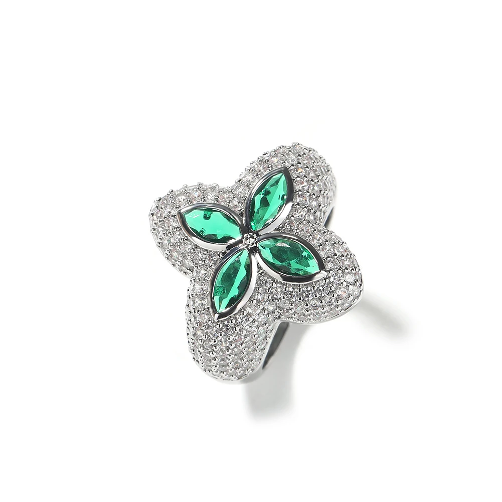 THE BLING KING Clover Flower Rings Micro Paved Out Green Cubic Zirconia Punk Ring Hiphop Jewelry For Men Women Party Gift