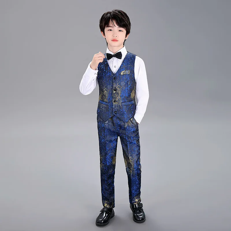 Children's British Style Jacket Vest Pant 3pcs Birthday Party Dress Flower Boys Wedding Suit Kids Host Piano Performance Costume