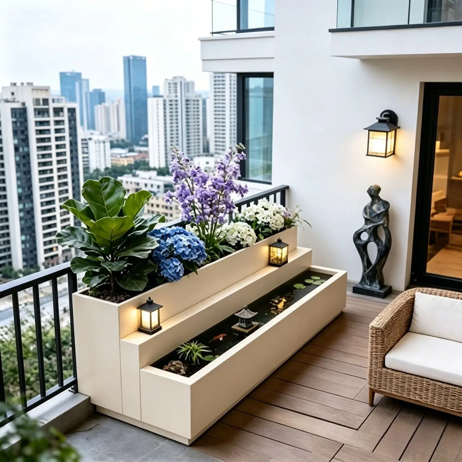Custom balcony finished flowing water landscape flower box, fish tank ornament, indoor and outdoor villa courtyard