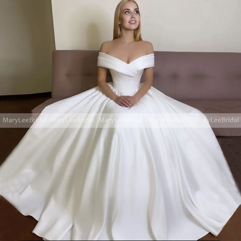 Off the Shoulder Bridal Dress Classic Corset Bodice White Satin Wedding Gowns Customized Floor Length Bride Dress for Women 2025