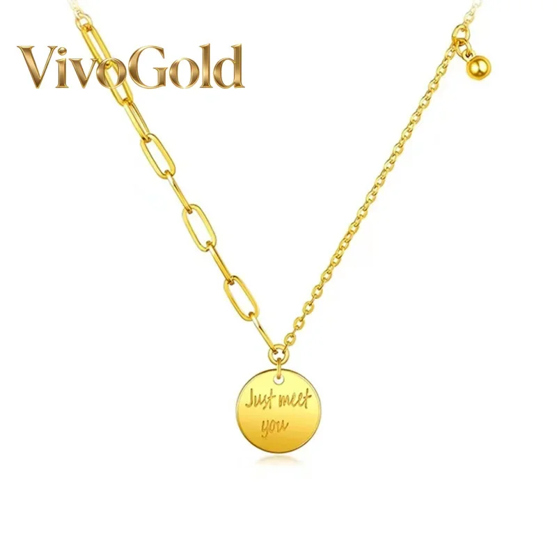 

VivoGoldEuropean and American Style 9999 24K Real Gold Round Necklace Letters Round Pendant Summer T-shirt Chain Jewelry