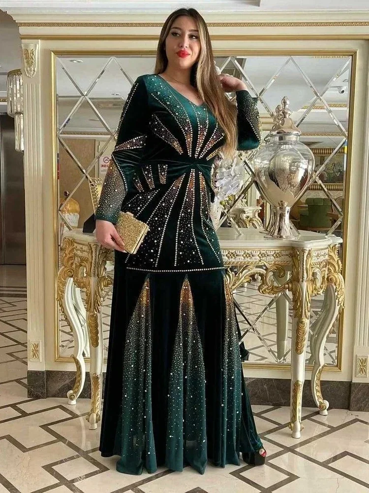 

African Velvet Evening Dresses for Women Dashiki Diamond Kaftan Party Long Dress Abaya Dubai Ankara Robe Femme Africa Clothes