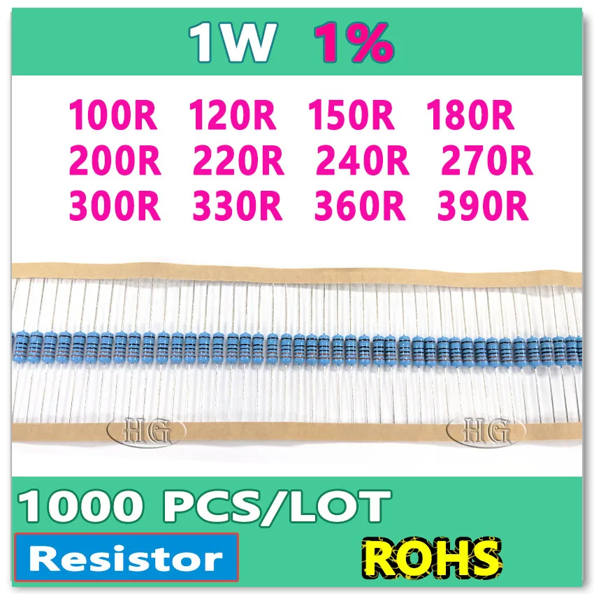 JASNPROSMA 1 Вт 1000 шт./лот 1% 100R 120R 150R 180R 200R 220R 240R 270R 300R 330R 360R 390R металлическая пленка DIP OHM упаковка коробки